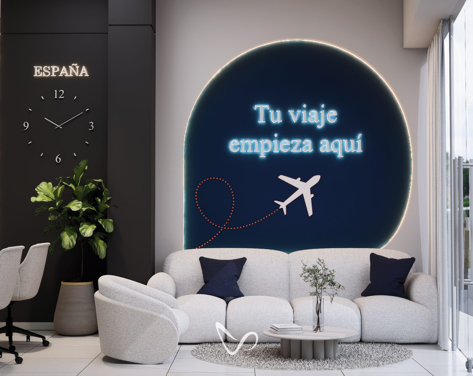 Interior del local de Escápate con el mural 'Tu viaje empieza aquí'